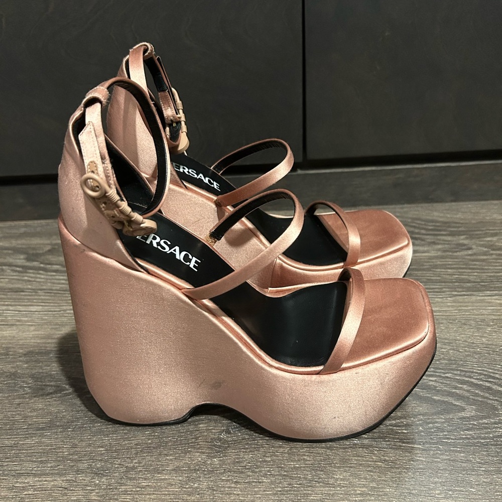 Versace Rose Gold Wedge Shoes with Sculptural Design